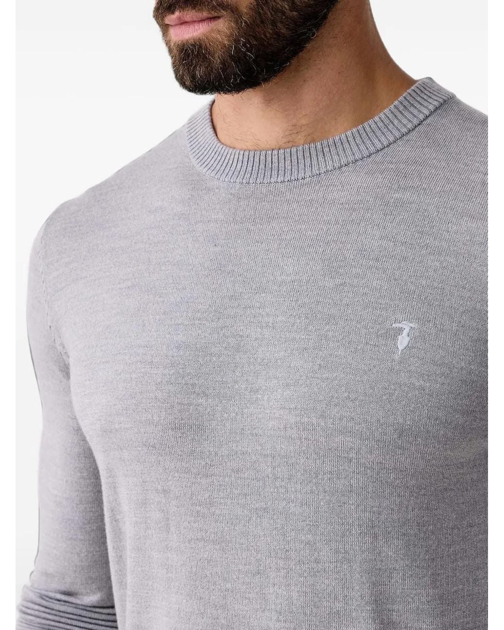 Trussardi Gray Embroidered-Logo Crew-Neck Sweater for men