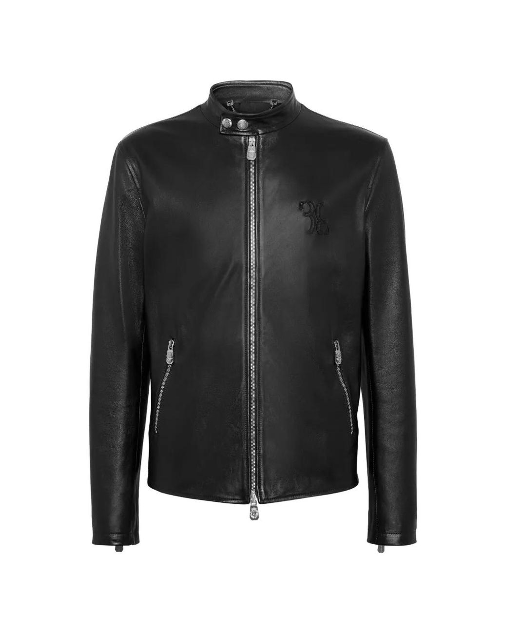 Billionaire Black Embroidered Zip-Fastening Leather Jacket for men