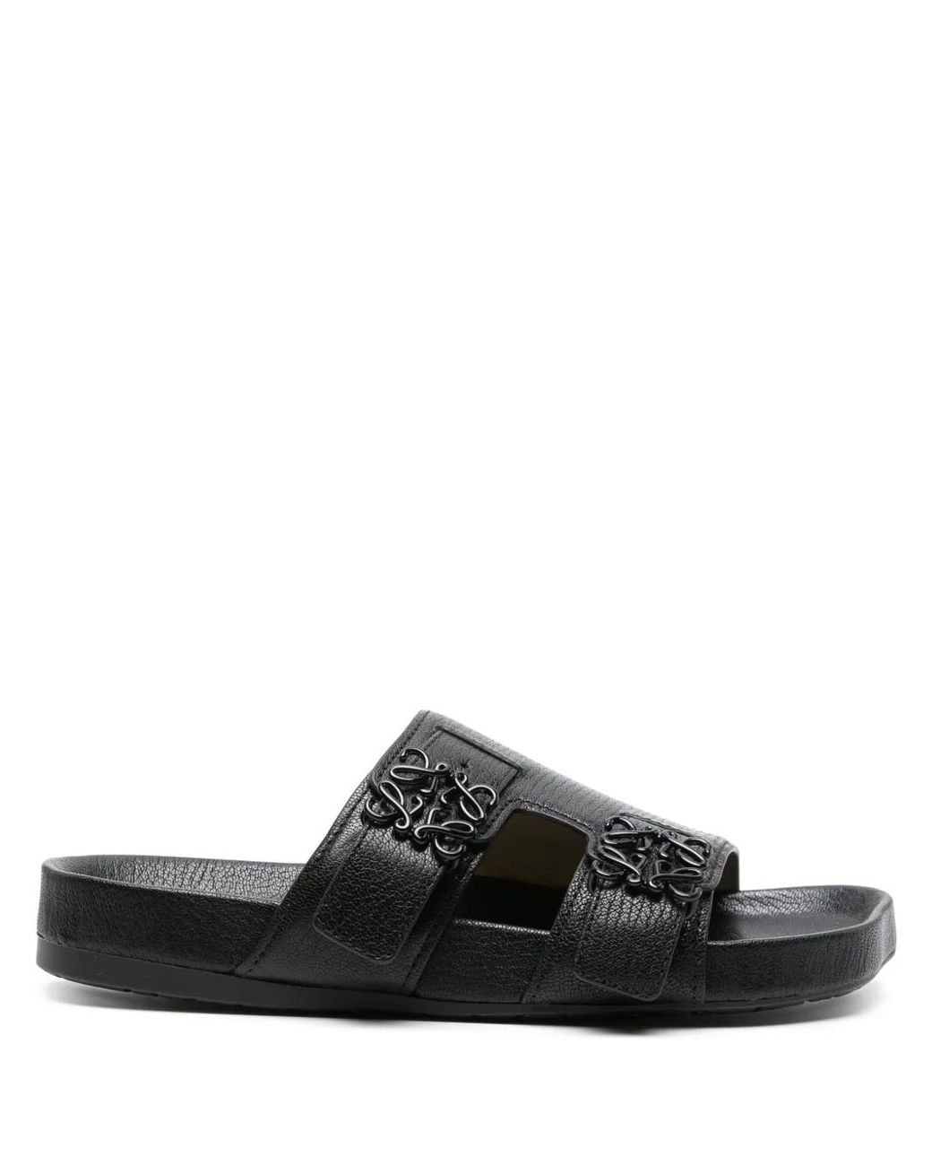 Loewe Black Leather Slide Sandal With Logo Buckle