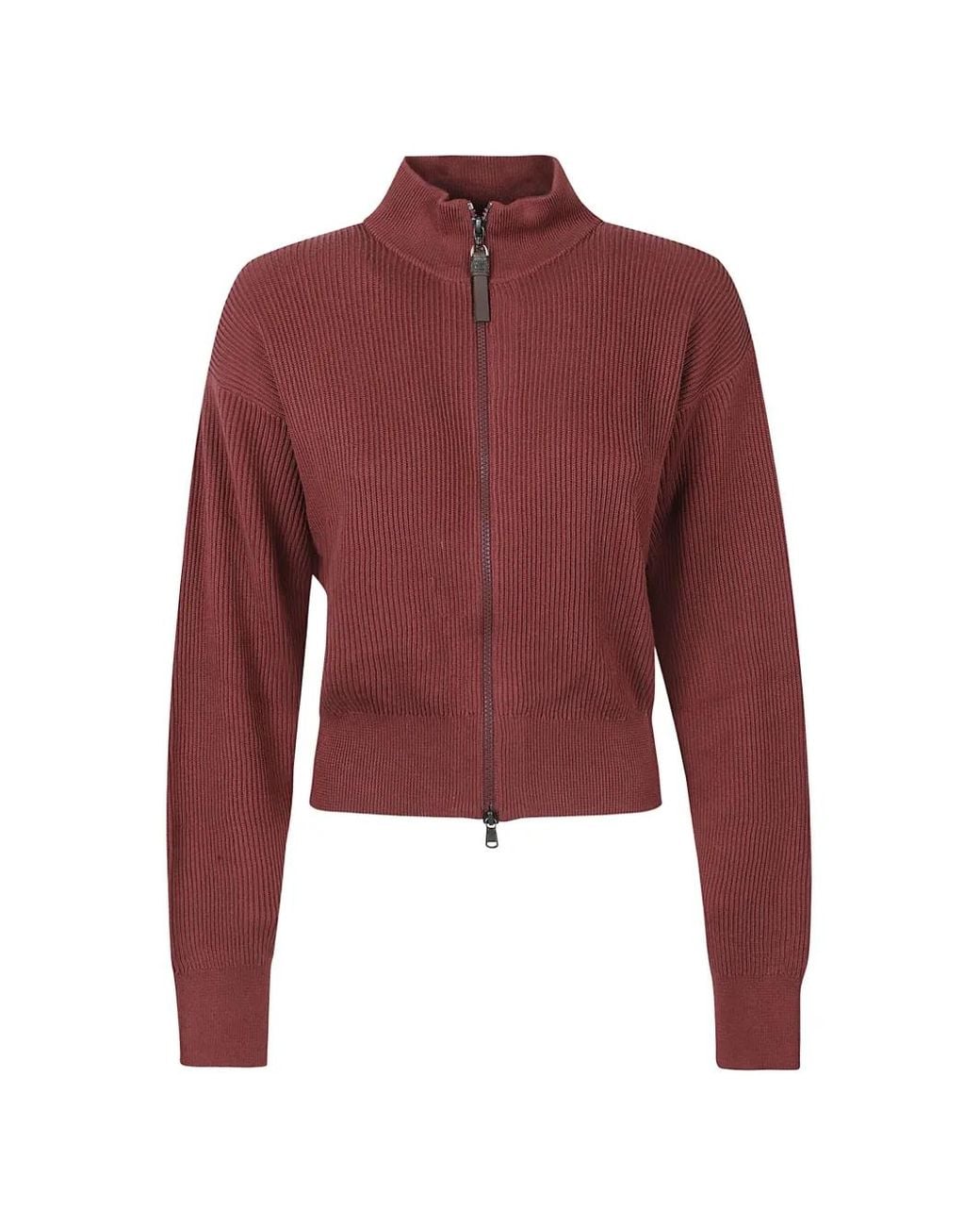 Brunello Cucinelli Red Cotton English Rib Cardigan With Shiny Zipper Pull