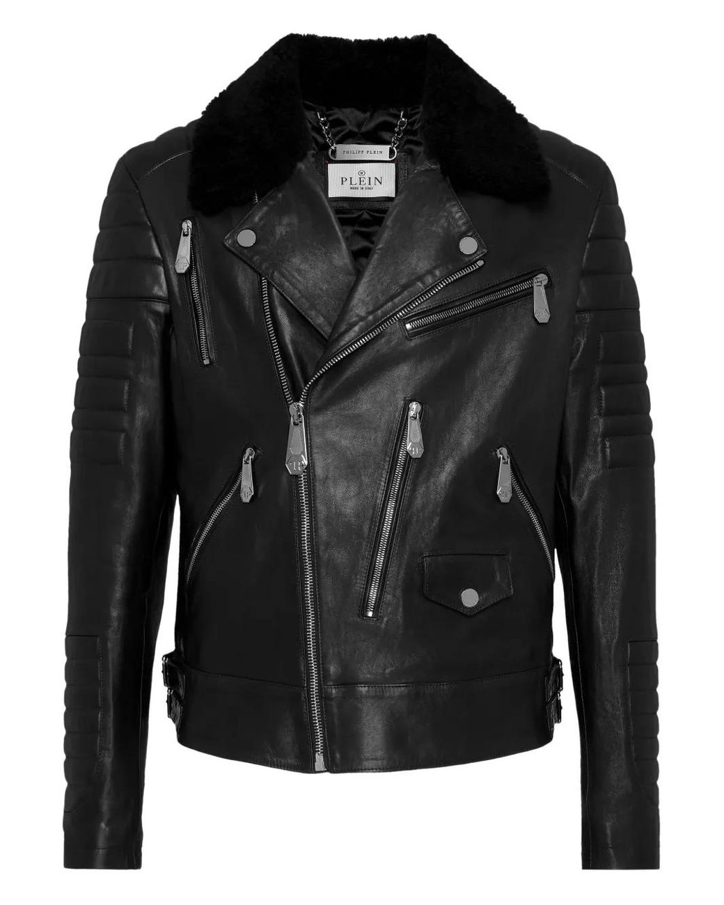 Philipp Plein Black Leather Biker Jacket With Shearling Collar for men