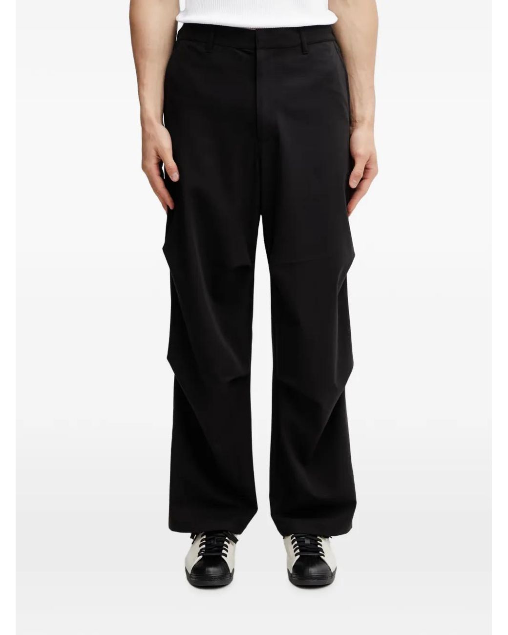 Filling Pieces Black Pleat-Detail Logo-Embroidered Wide-Leg Pants for men