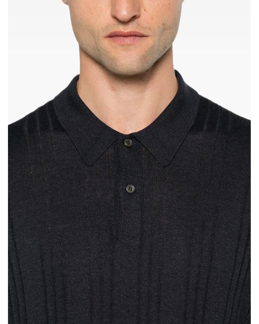 Tagliatore Black Peyton Ribbed-Knit Polo Shirt for men