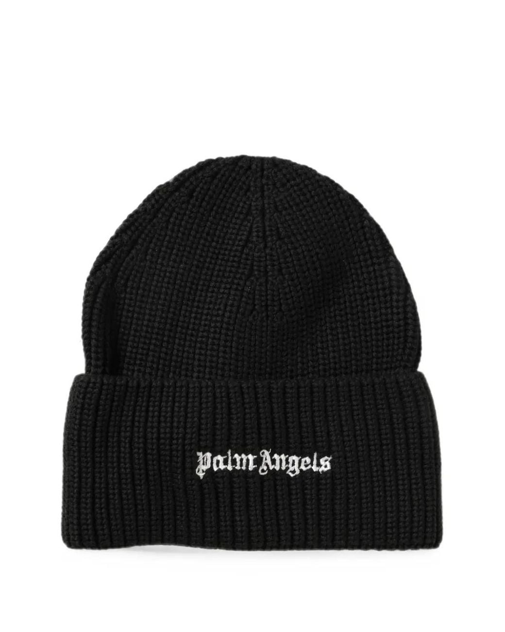 Palm Angels Black Logo-Embroidered Ribbed Beanie Hat for men
