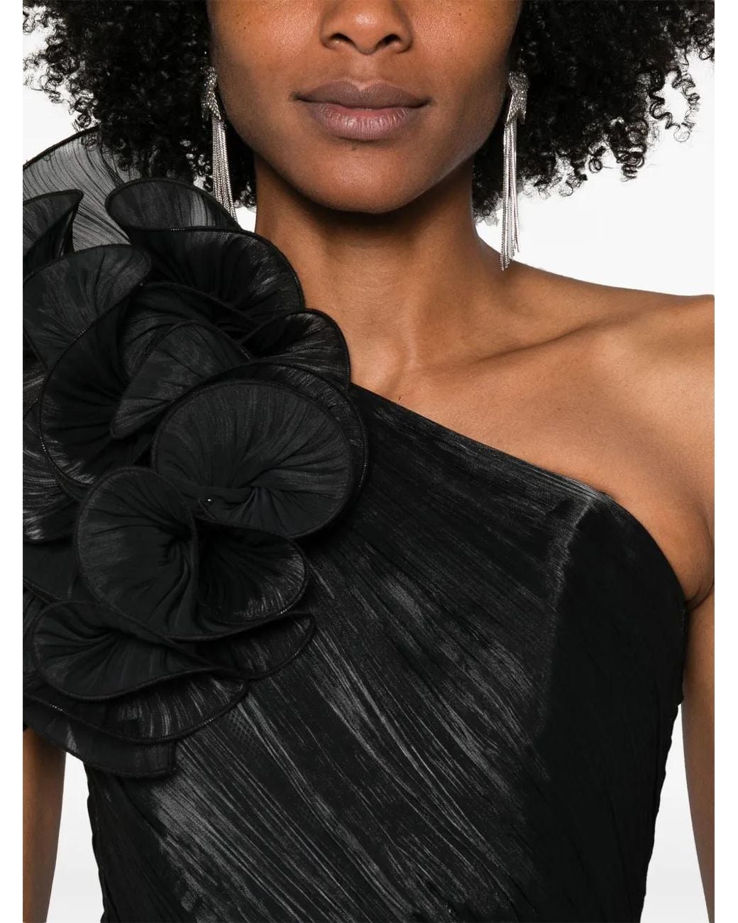 Ana Radu Black Ruffled Plissé Asymmetric Maxi Dress