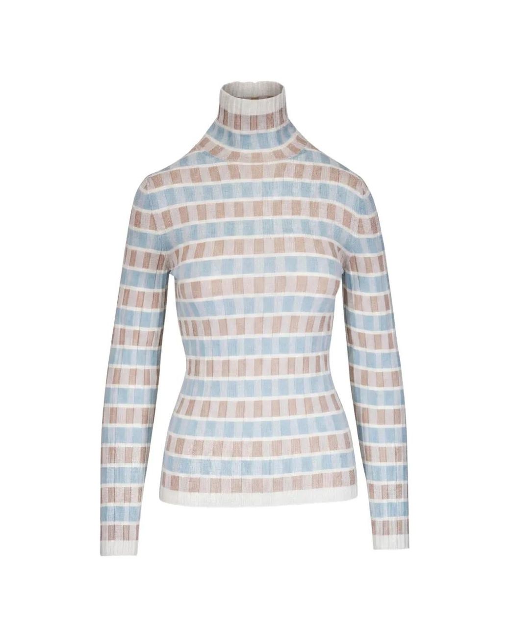 Akris Punto Blue Check-Pattern Roll-Neck Sweater