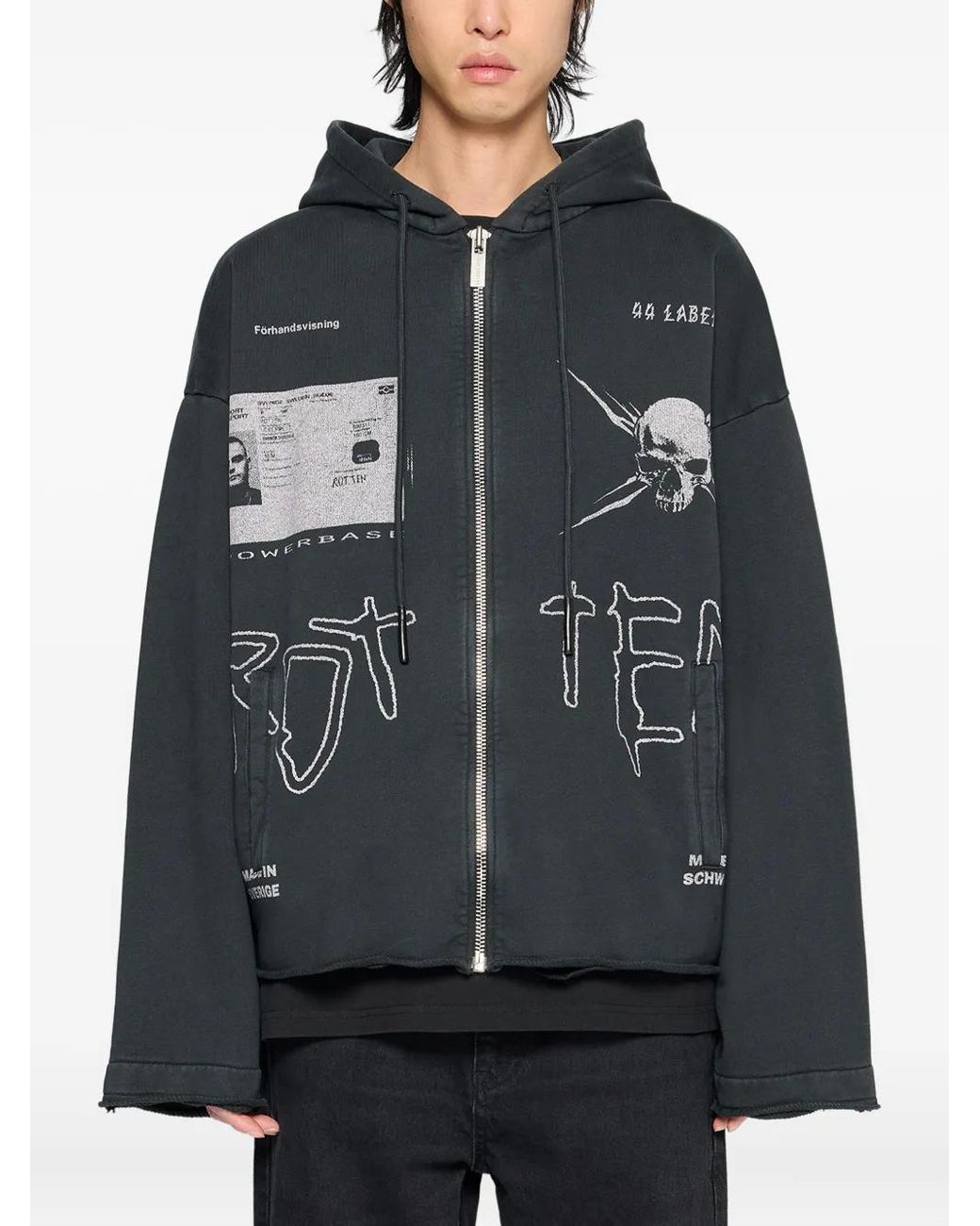 44 Label Group Black Commission Raw-Cut Zip Hoodie for men