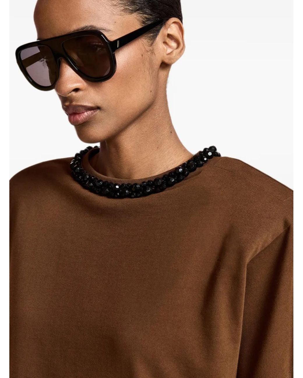 Essentiel Antwerp Brown Crystal-Embellished Padded-Shoulder T-Shirt