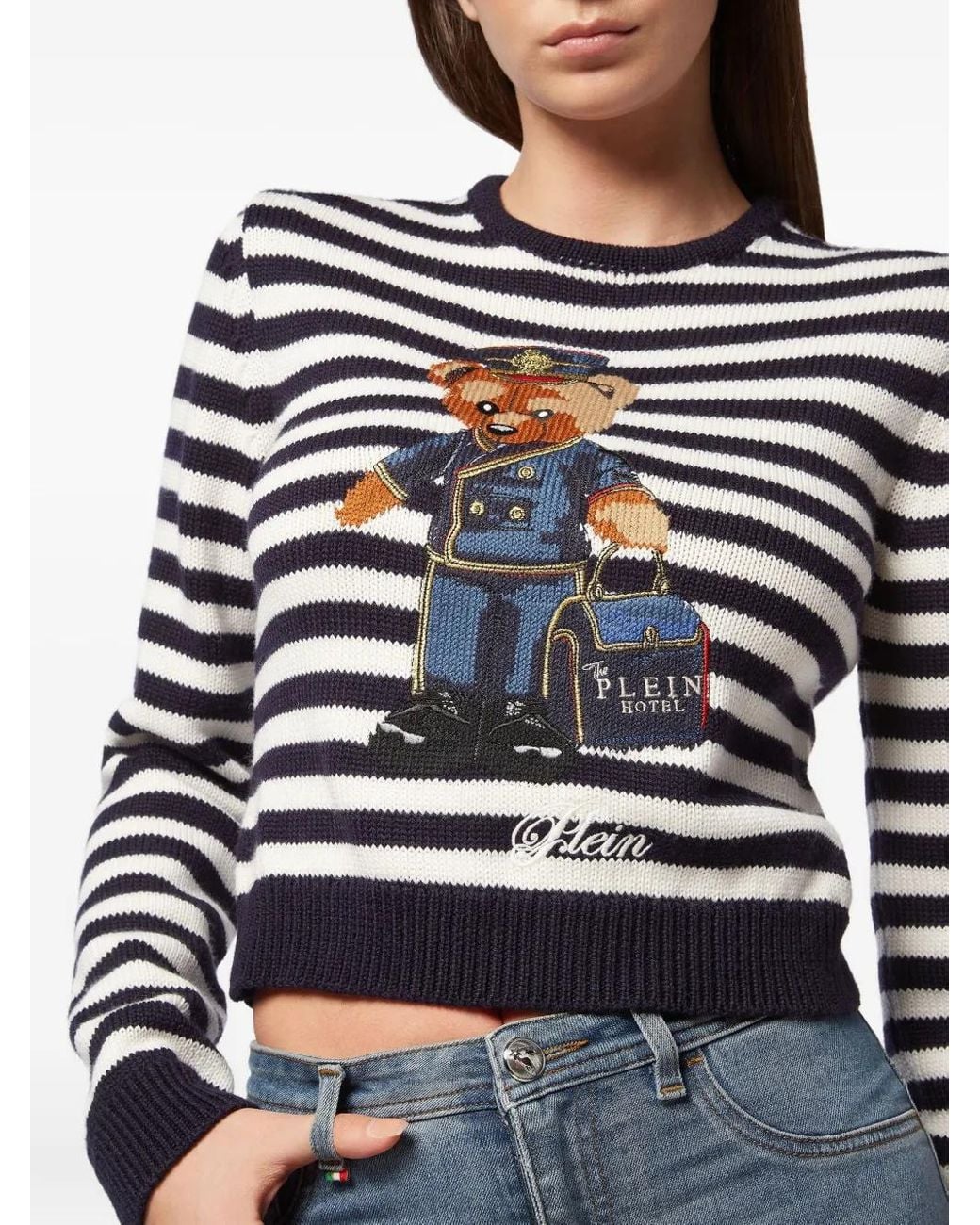 Philipp Plein Blue Striped Round Neck Pullover Teddy Doorman