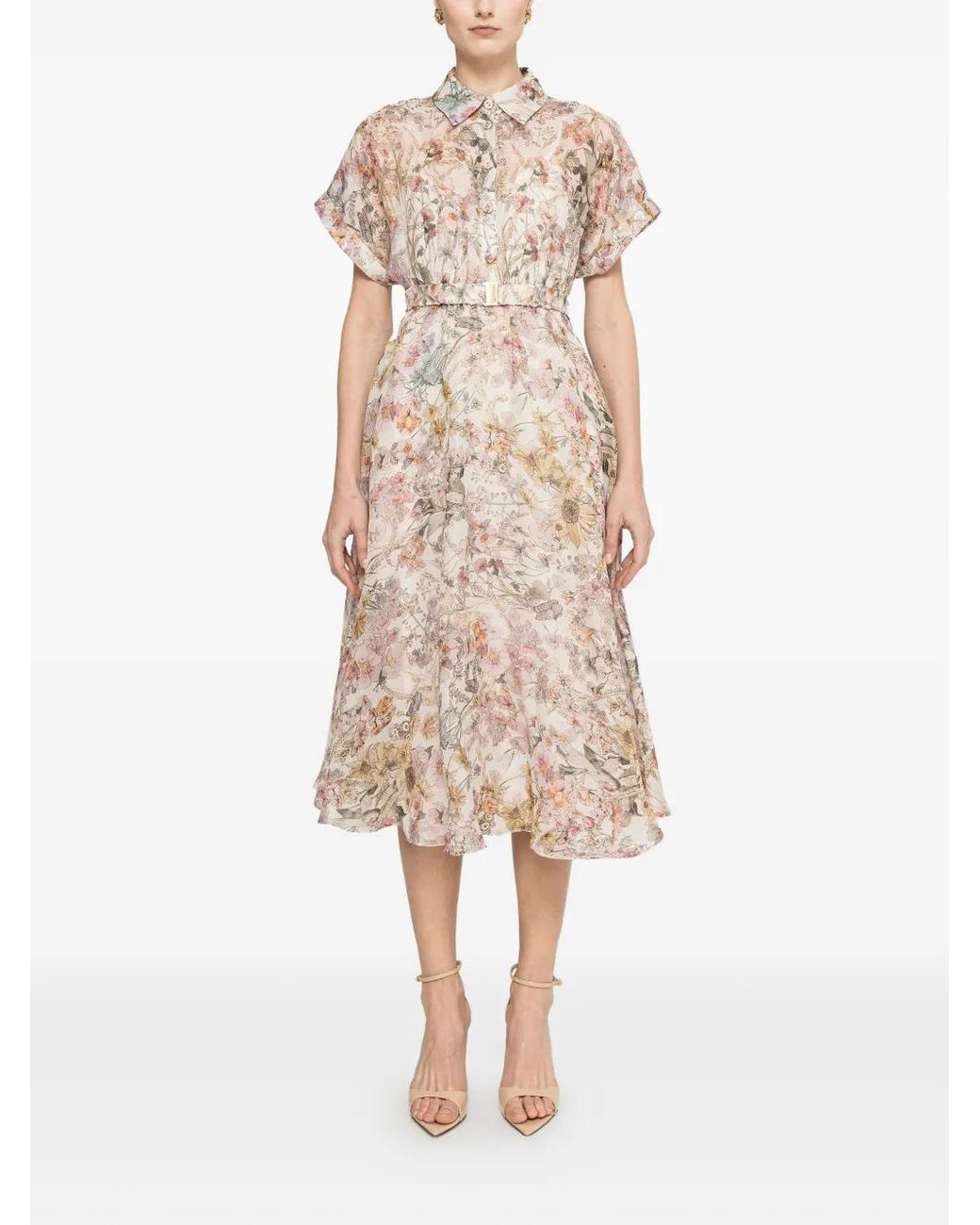 Nissa Natural Belted Floral Print Dress