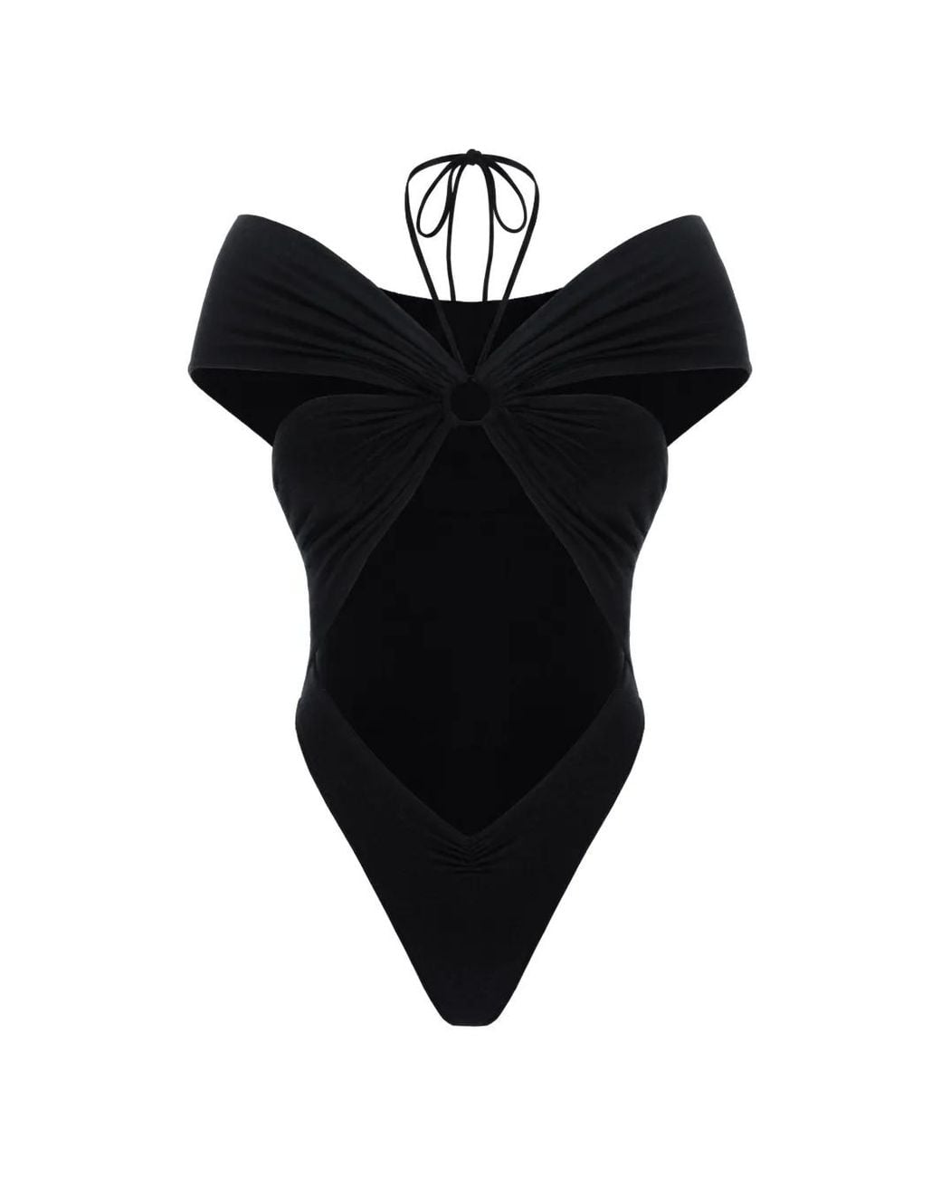 MANURI Black Eleni Cut-Out Off-Shoulder Bodysuit