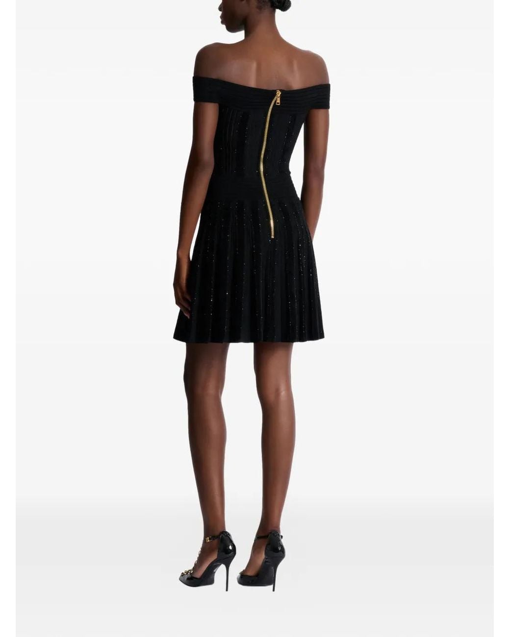 Balmain オフショルダー グリッタードレス Black