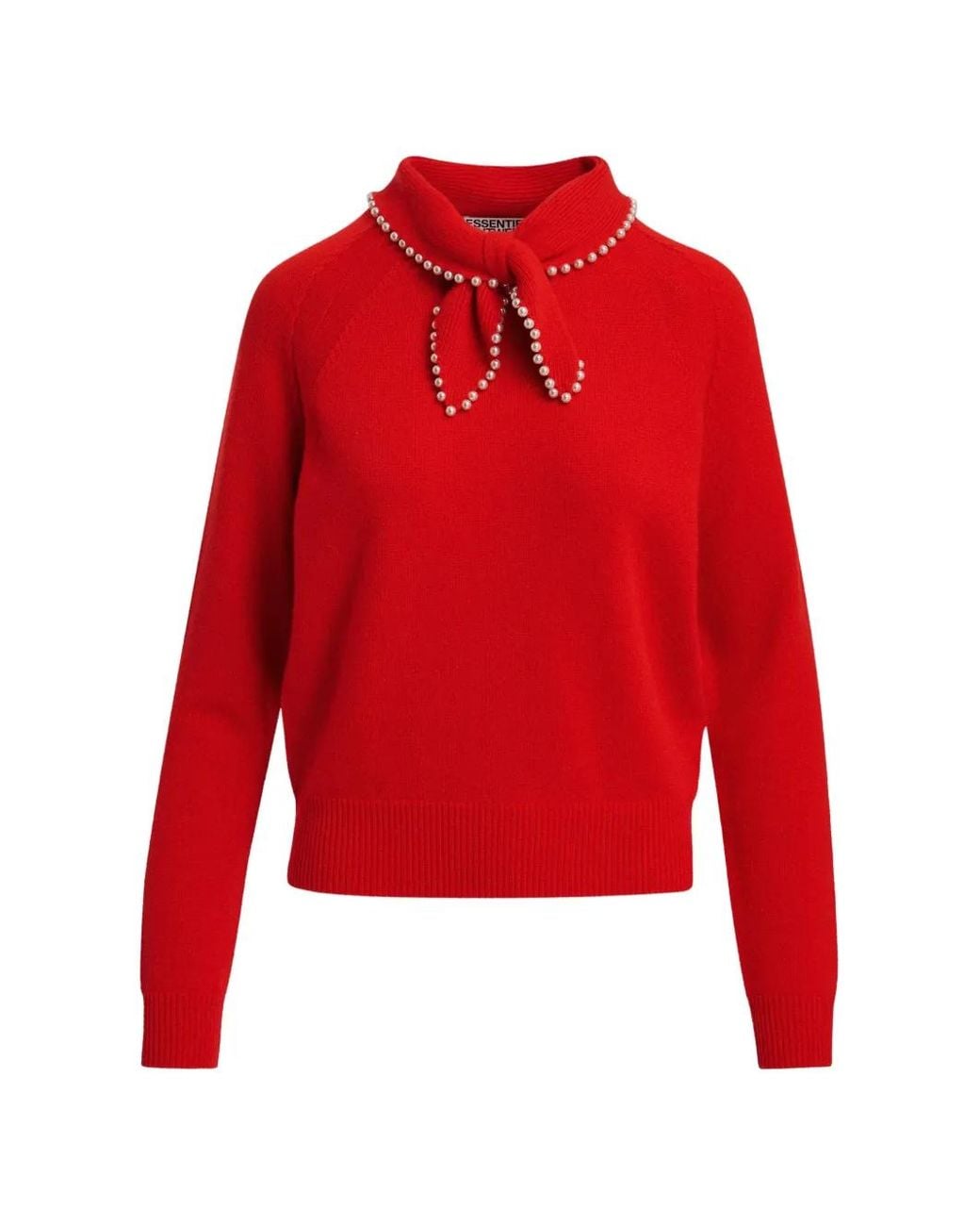 Essentiel Antwerp Red Pearl-Embellished Bow-Collar Sweater