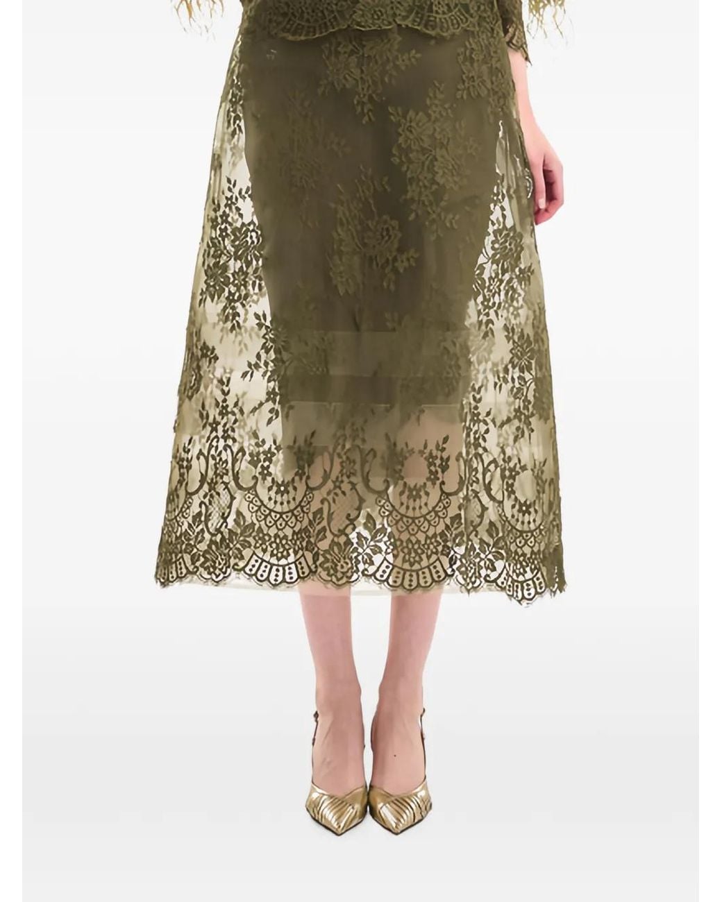 Gemy Maalouf Green Lace Cage Midi Skirt