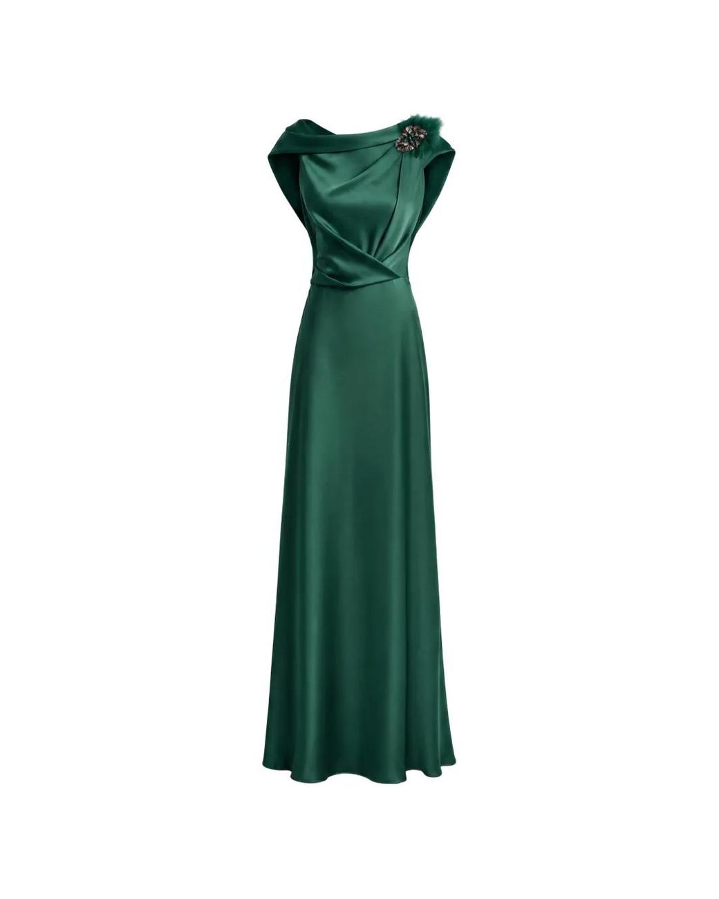 Gemy Maalouf Green Draped Brooch-Embellished Dress