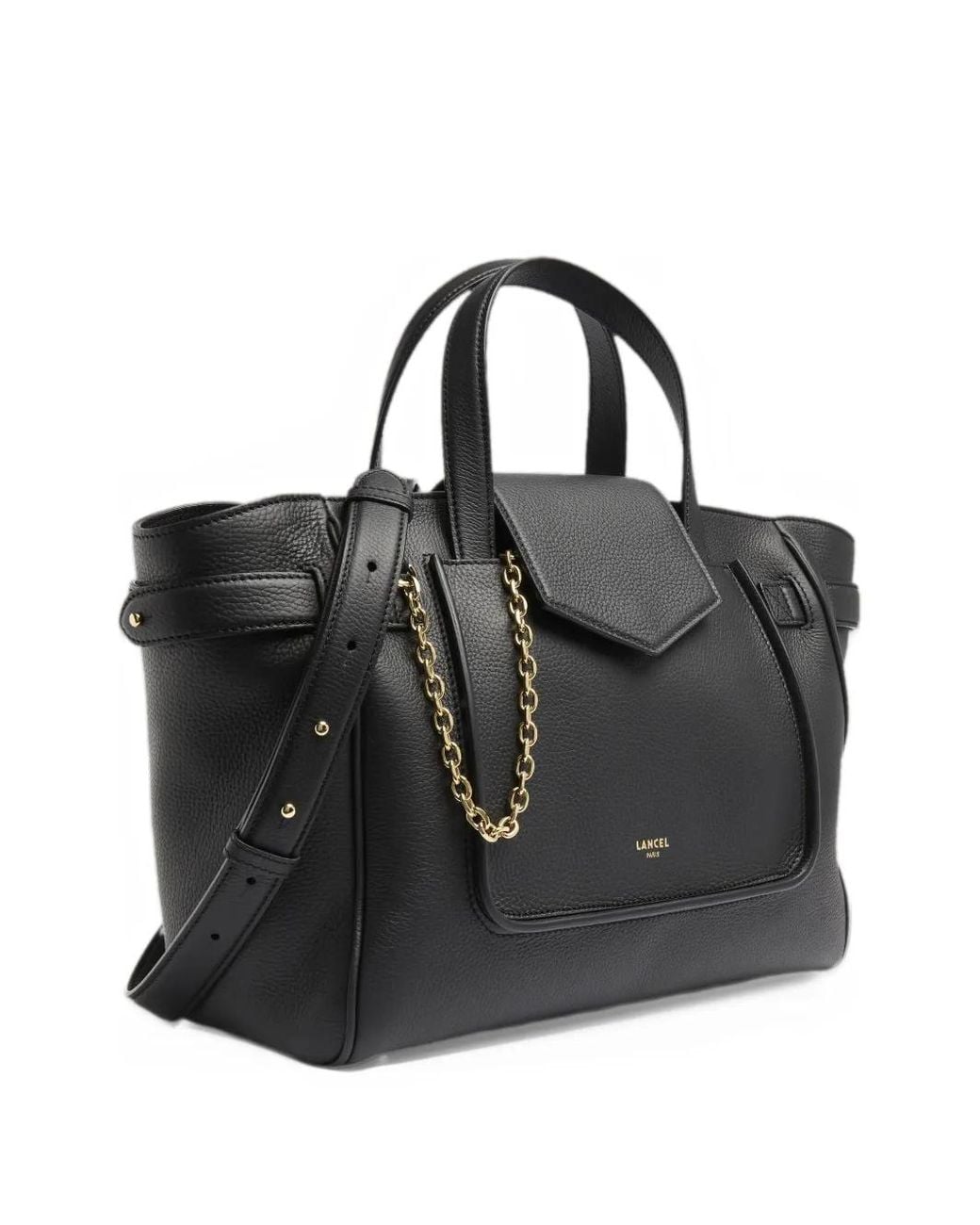 Lancel Black Chain-Detail Pebbled Leather Tote Bag