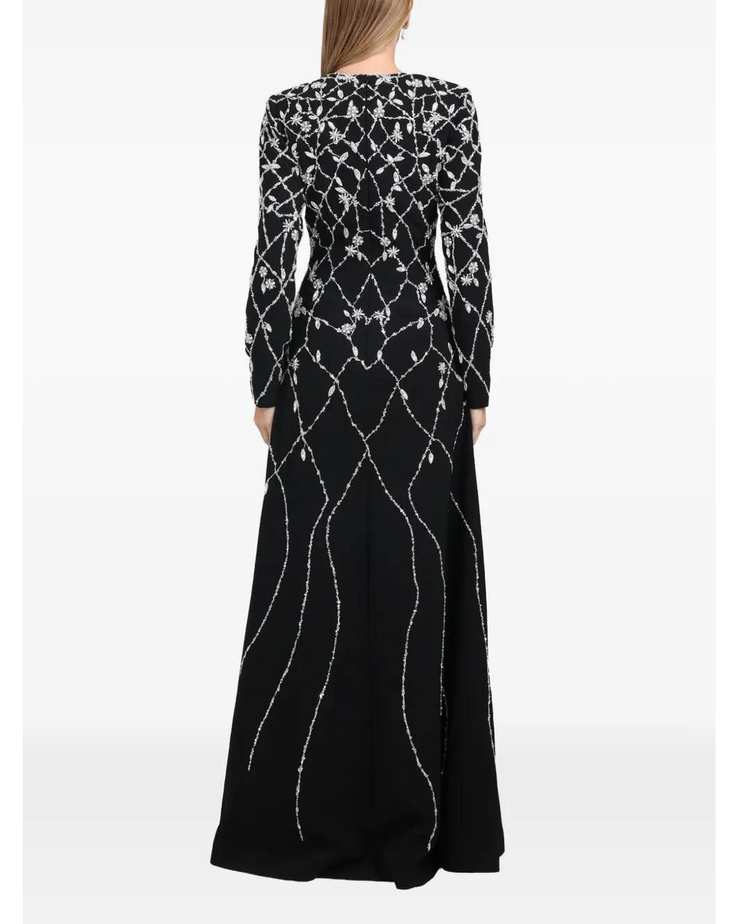 Dina Melwani Black Floral-Crystal Maxi Dress