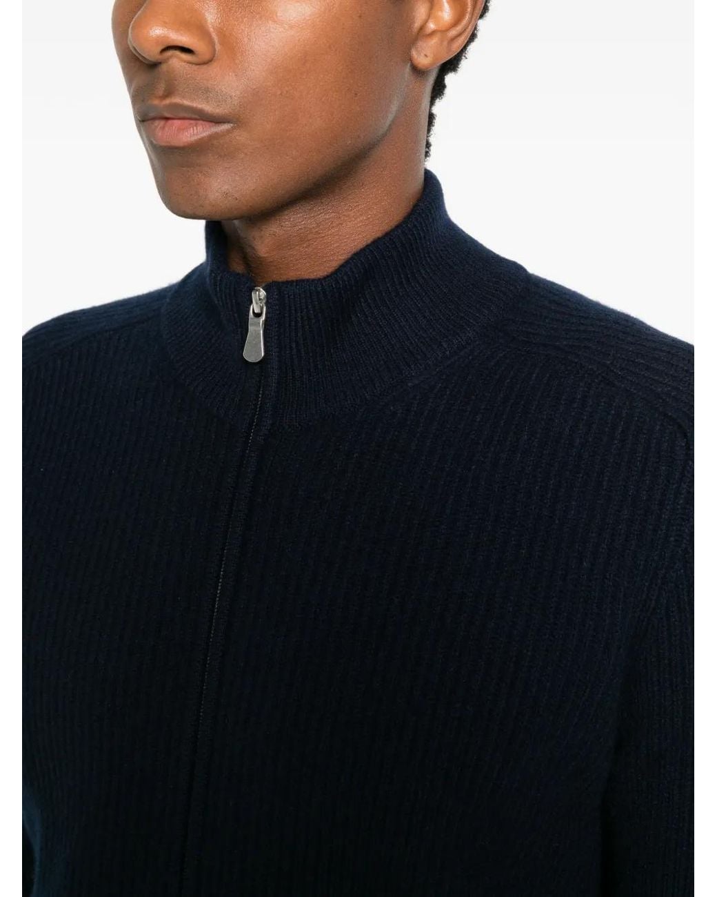 Gran Sasso Blue Ribbed-Knit Zip-Up Sweater for men