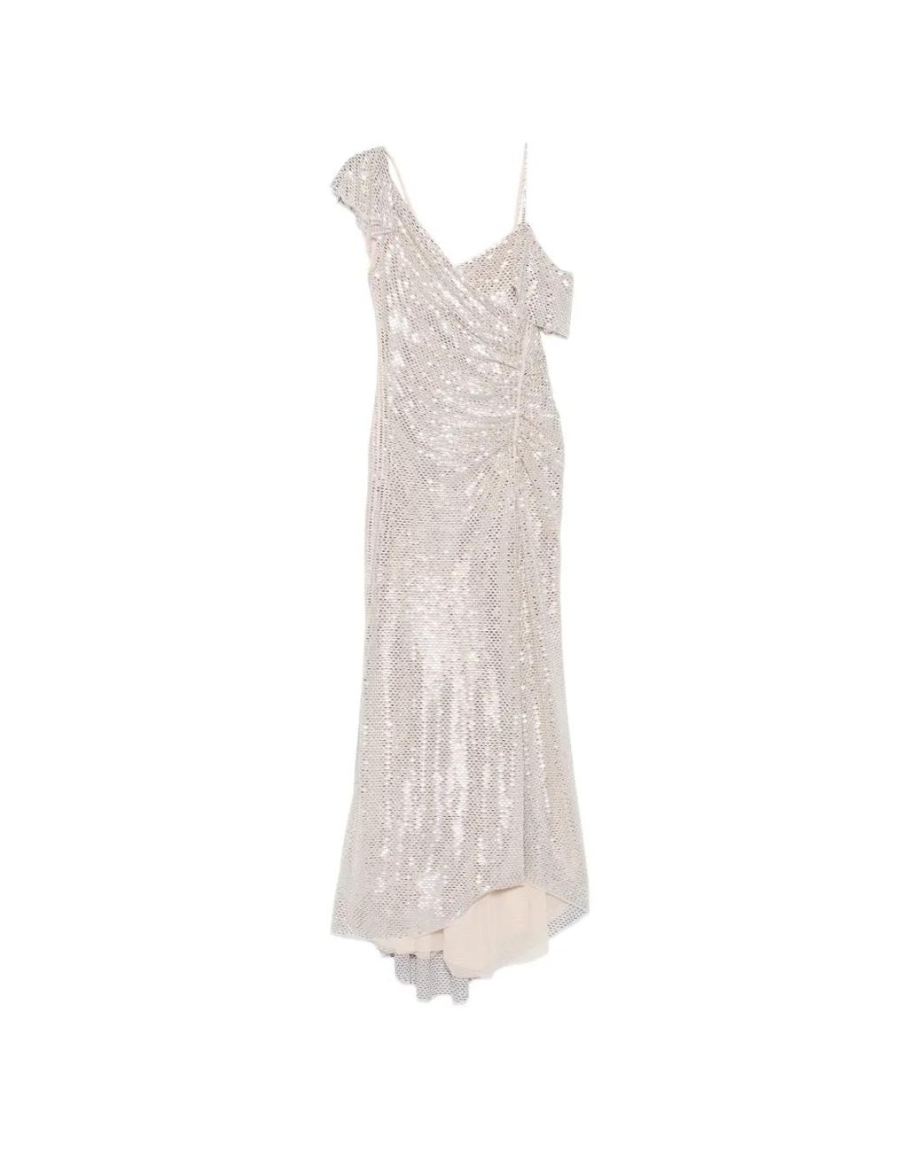 Self-Portrait White Rhinestone Ruffle Draped Maxi Dress