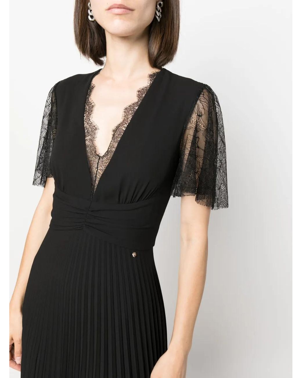Nissa Black Lace-Detail Pleated Midi Dress