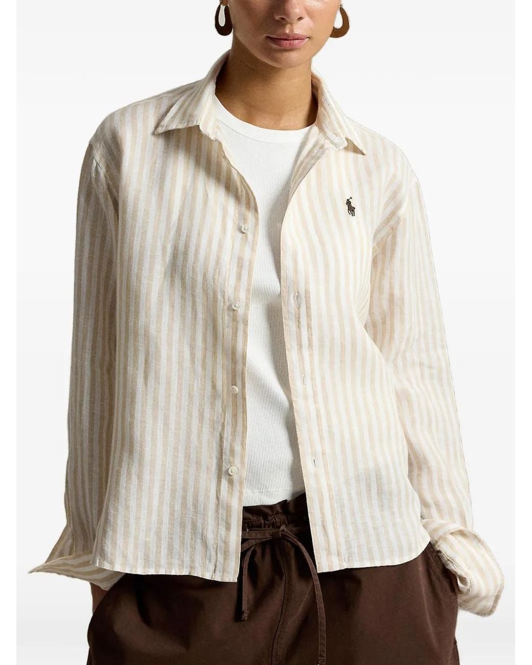 Polo Ralph Lauren Natural Wide Cropped Gingham Linen Shirt