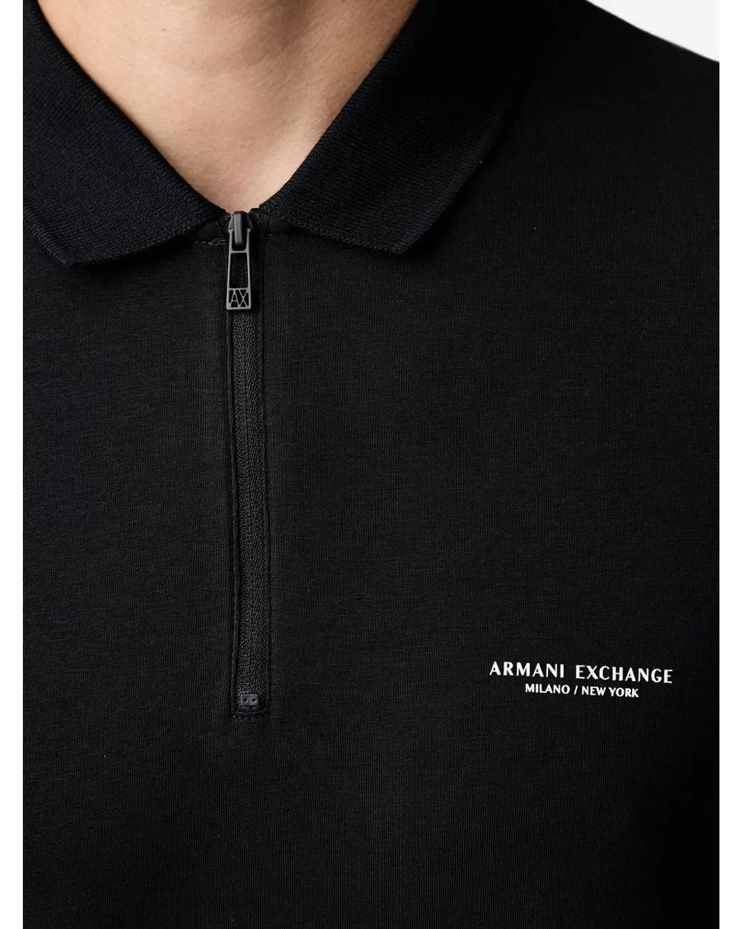 ARMANI EXCHANGE Black Logo-Print Zip-Neck Polo Shirt for men