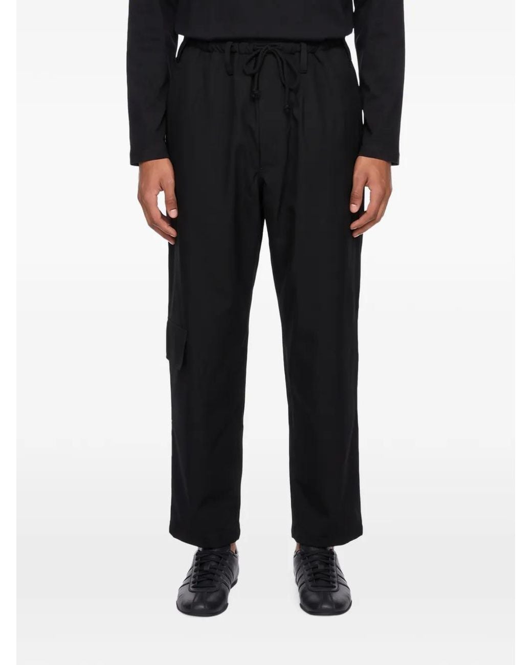 Yohji Yamamoto Black Drawstring-Waist Gabardine Cargo Pants for men