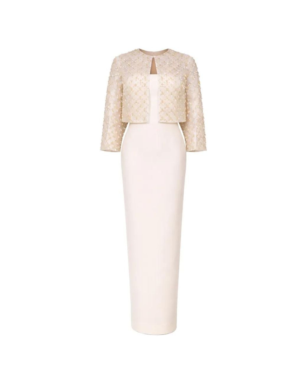Rami Al Ali White Embellished Overlay-Top Tubino Maxi Gown