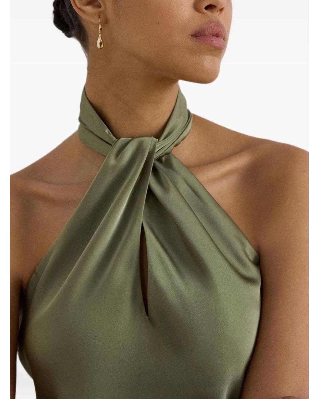 Ralph Lauren Green Twist-Front Charmeuse Halter Blouse