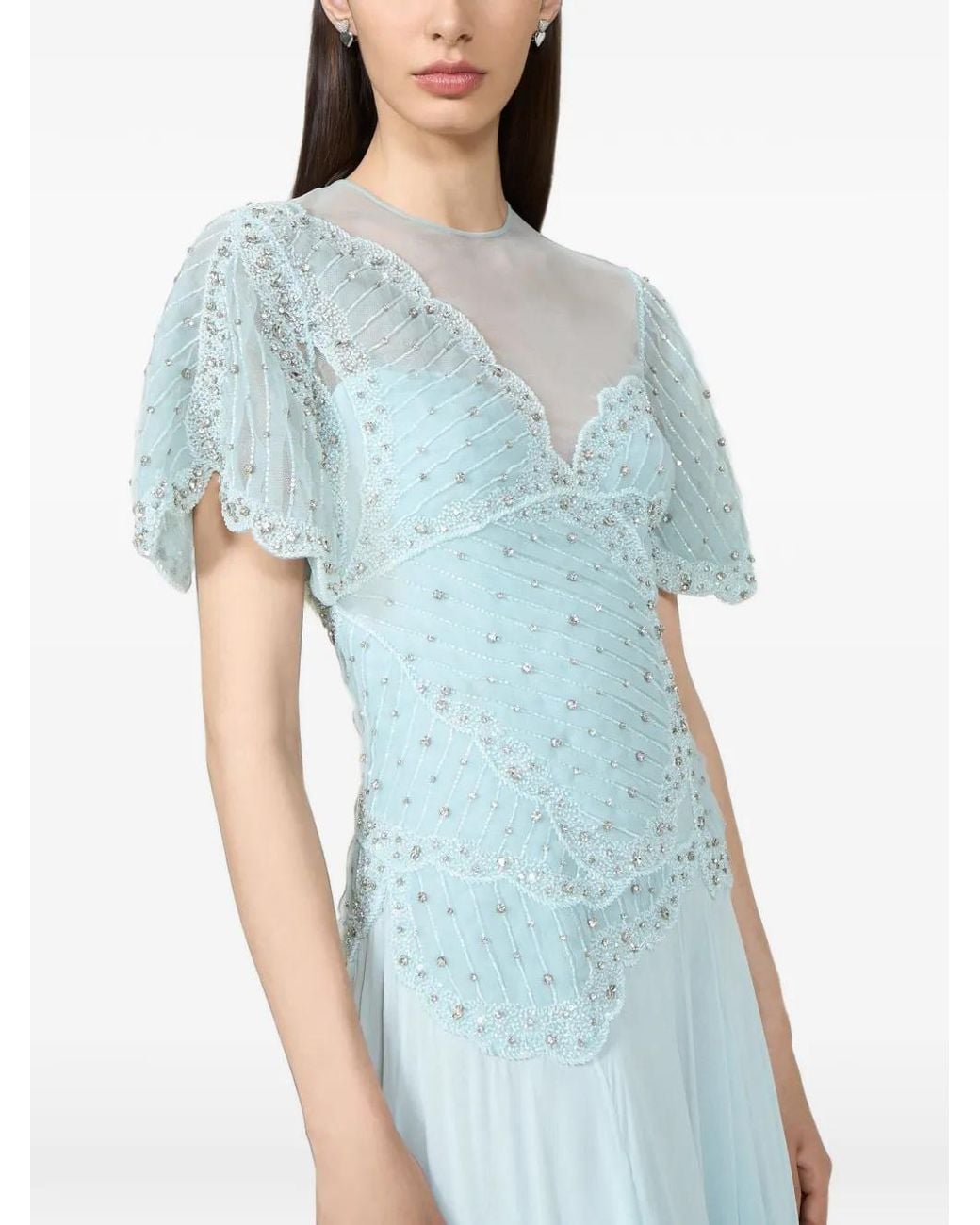Costarellos Blue Crystal-Embellished Silk-Georgette Gown