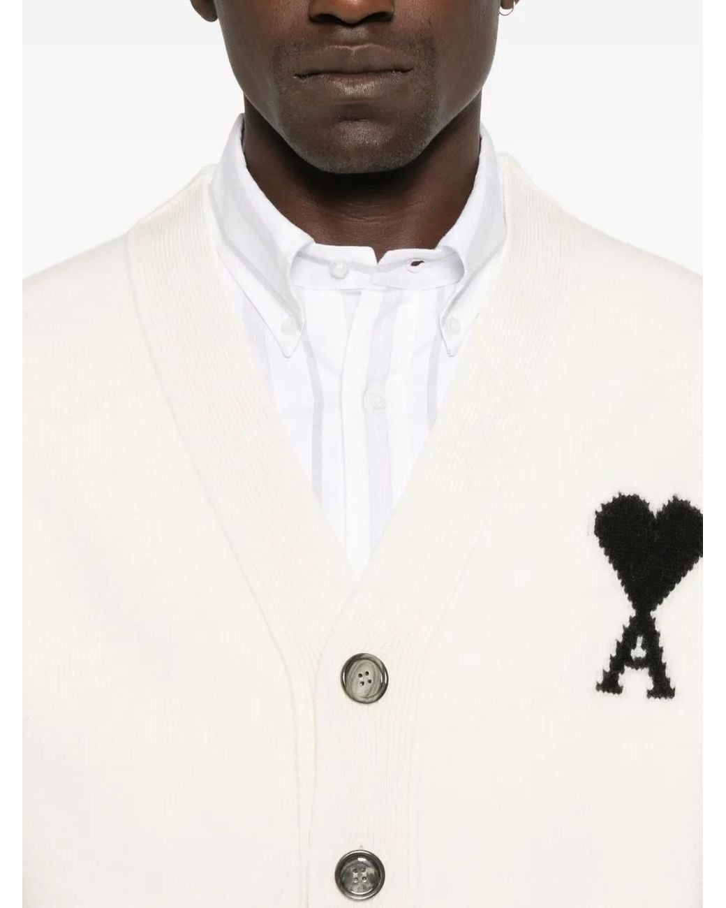 AMI Natural V Neck Cardigan With Contrasted Ami De Coeur