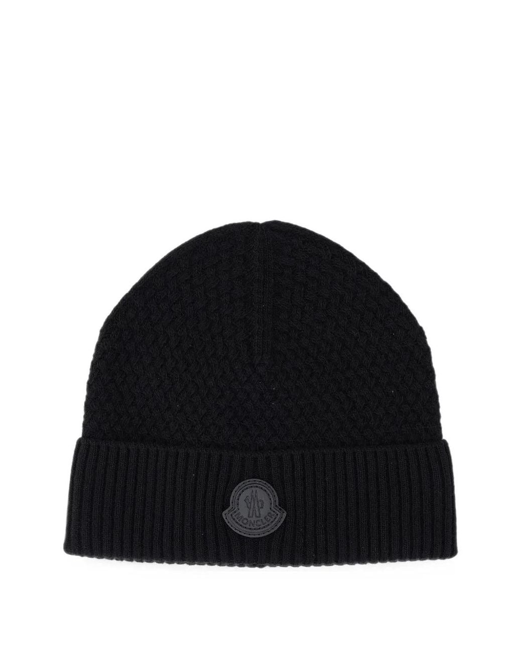 Moncler Black Logo-Patch Weave Beanie Hat for men