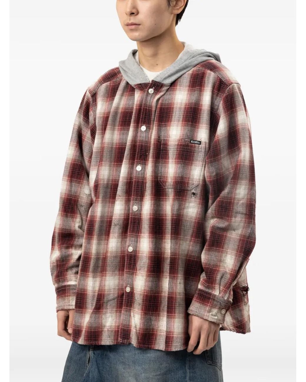 KAMIYA Check Hooded Shirt in Red for Men | Lyst