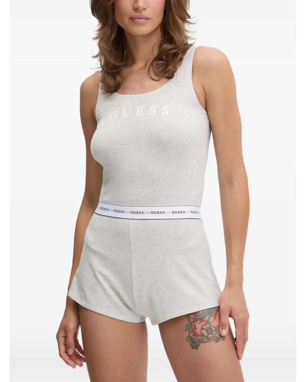 Guess White Logo-Print Scoop-Neck Sleepsuit Set