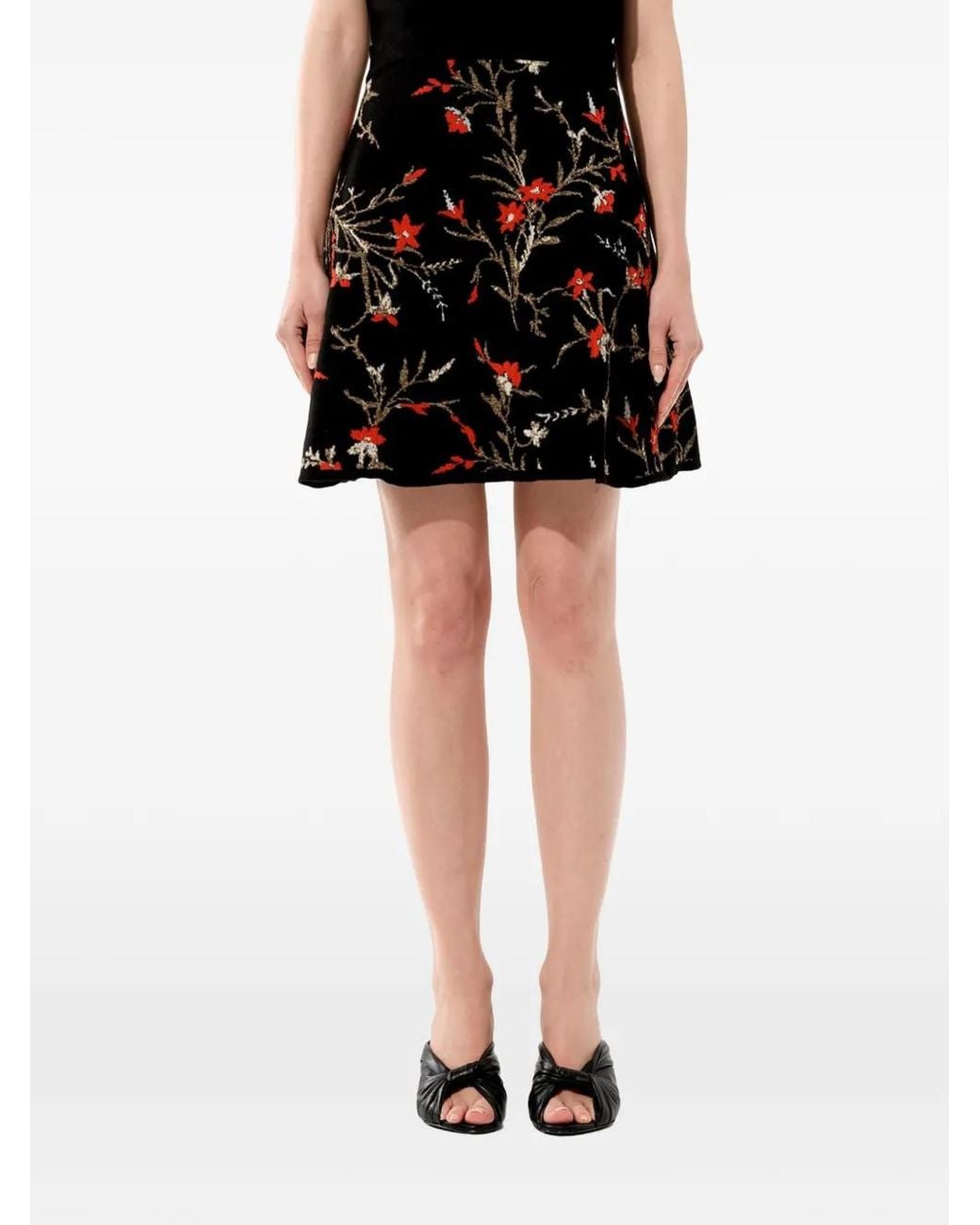 Balenciaga Black Floral-Embroidered A-Line Midi Skirt