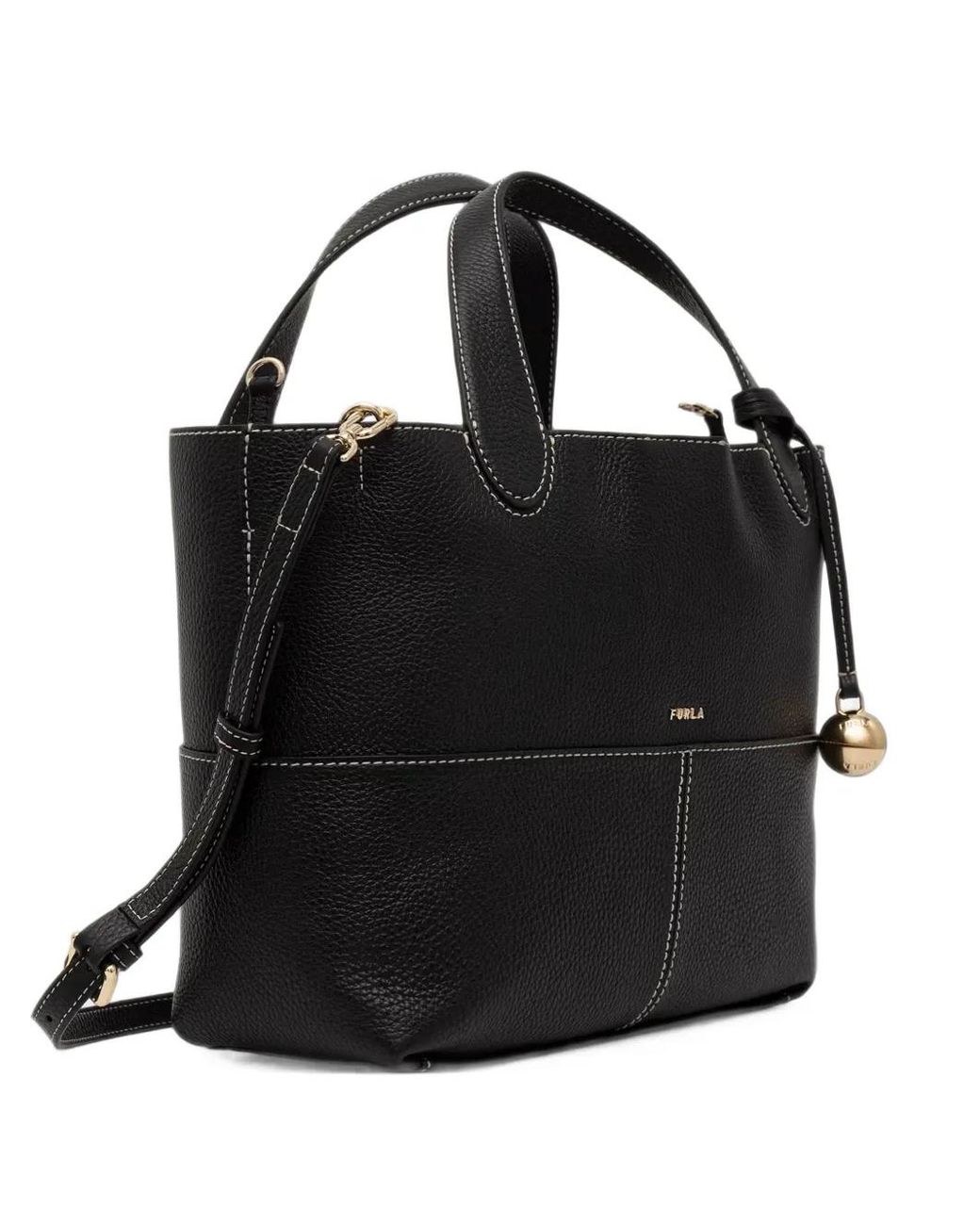 Furla Black Contrast-Stitch Leather Tote Bag