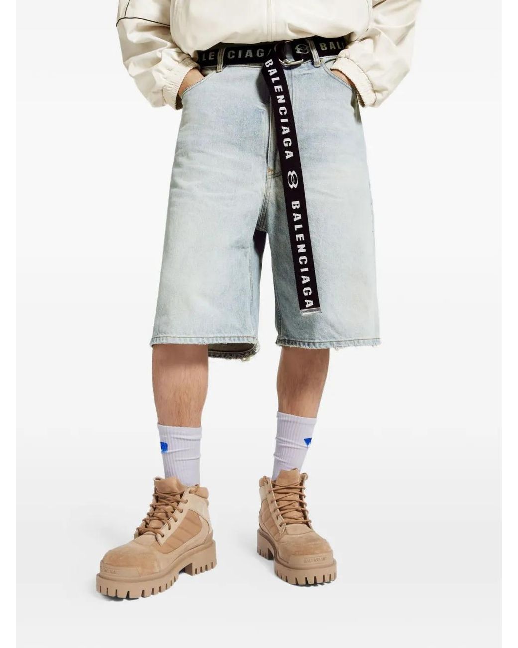 Balenciaga Blue Logo-belt Denim Shorts for men
