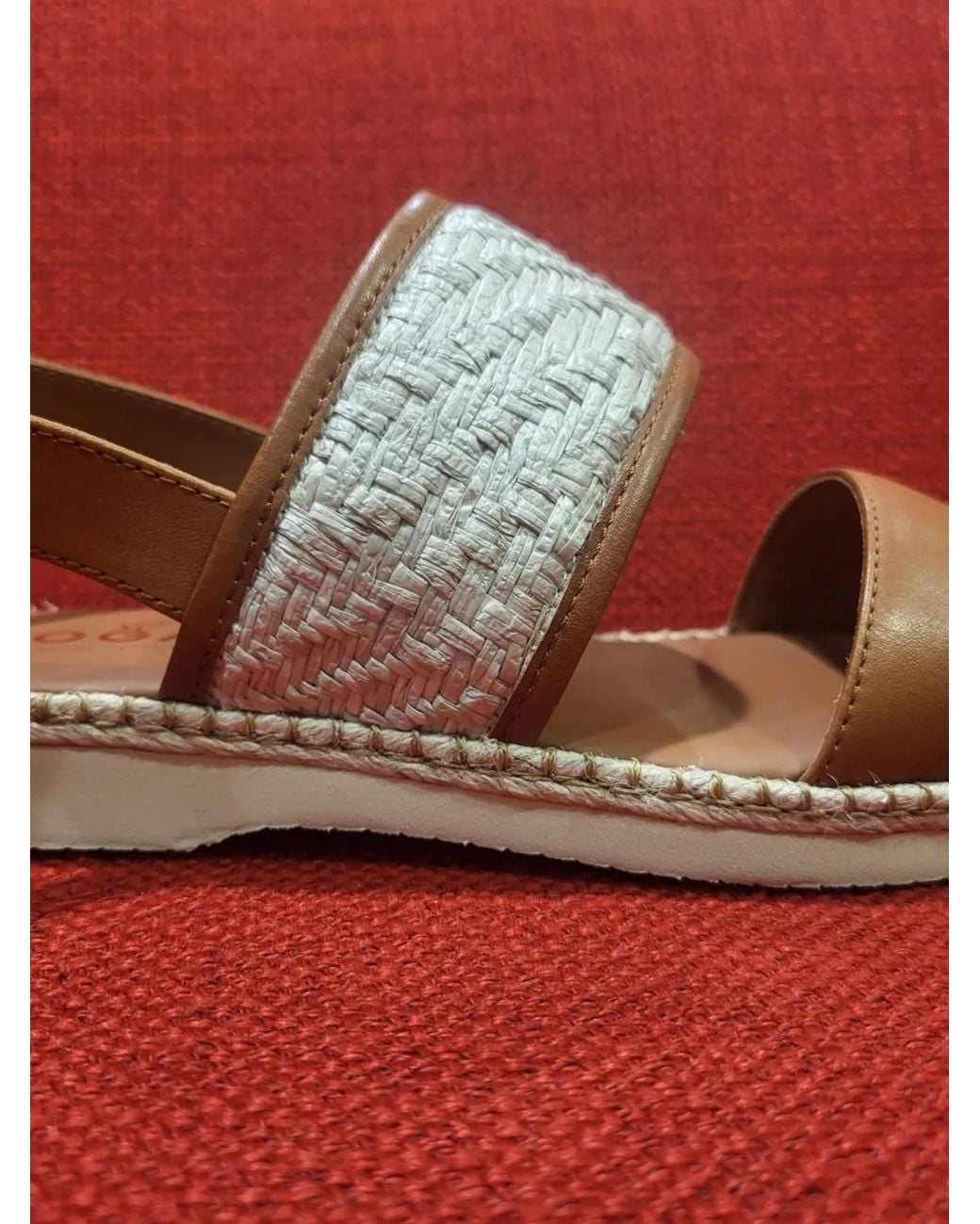 Hogan Red Raffia-Panel Leather Sandals