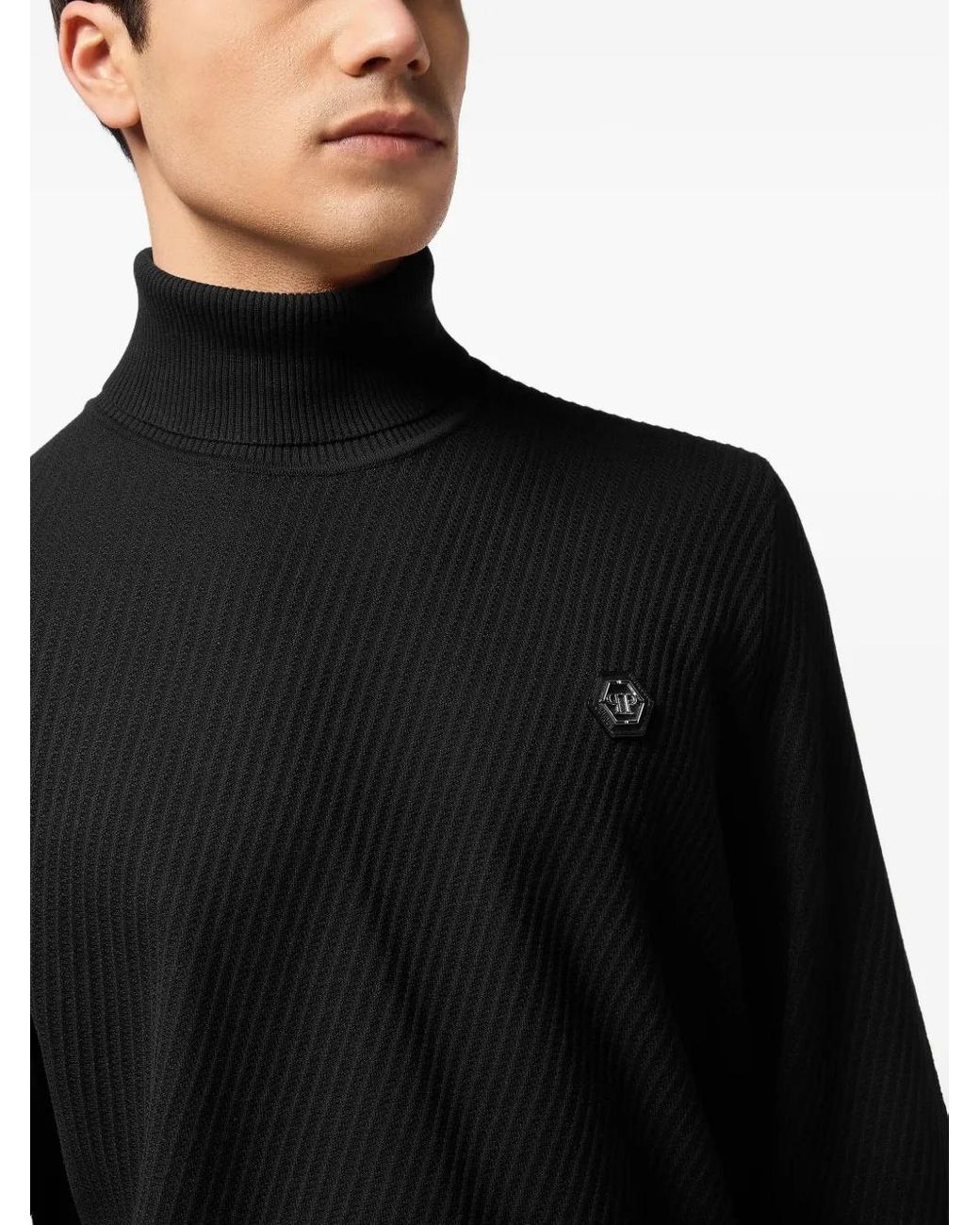 Philipp Plein Black Ribbed Turtle-Neck Sweater for men