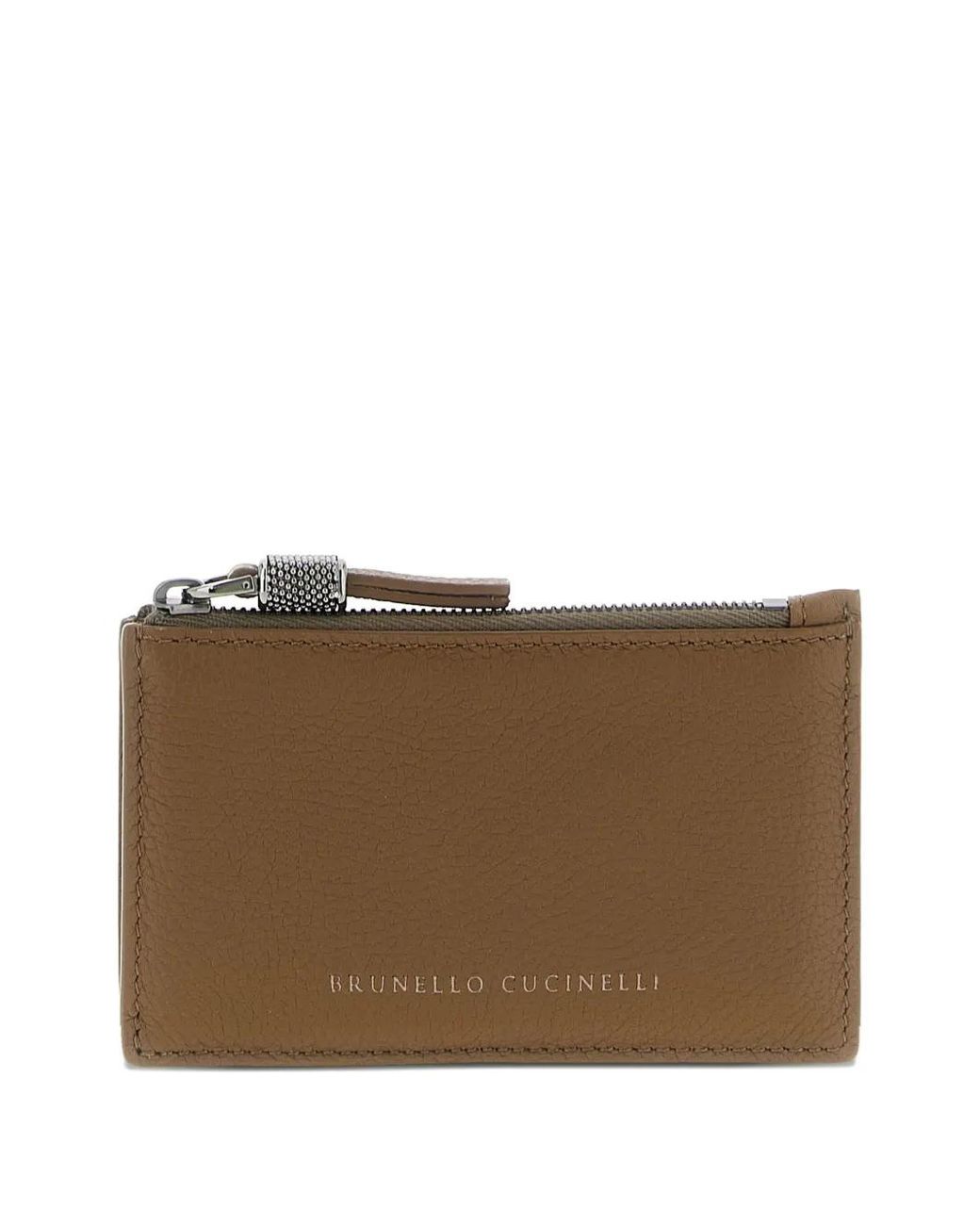Brunello Cucinelli Brown Grained Leather Card Case With Shiny Zipper Pull