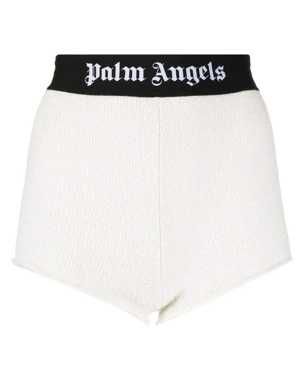 Palm Angels White Logo-Waistband Bouclé Knitted Shorts