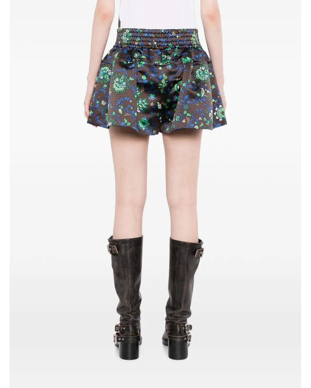 Sacai Green Floral-Print Satin-Finish Shorts