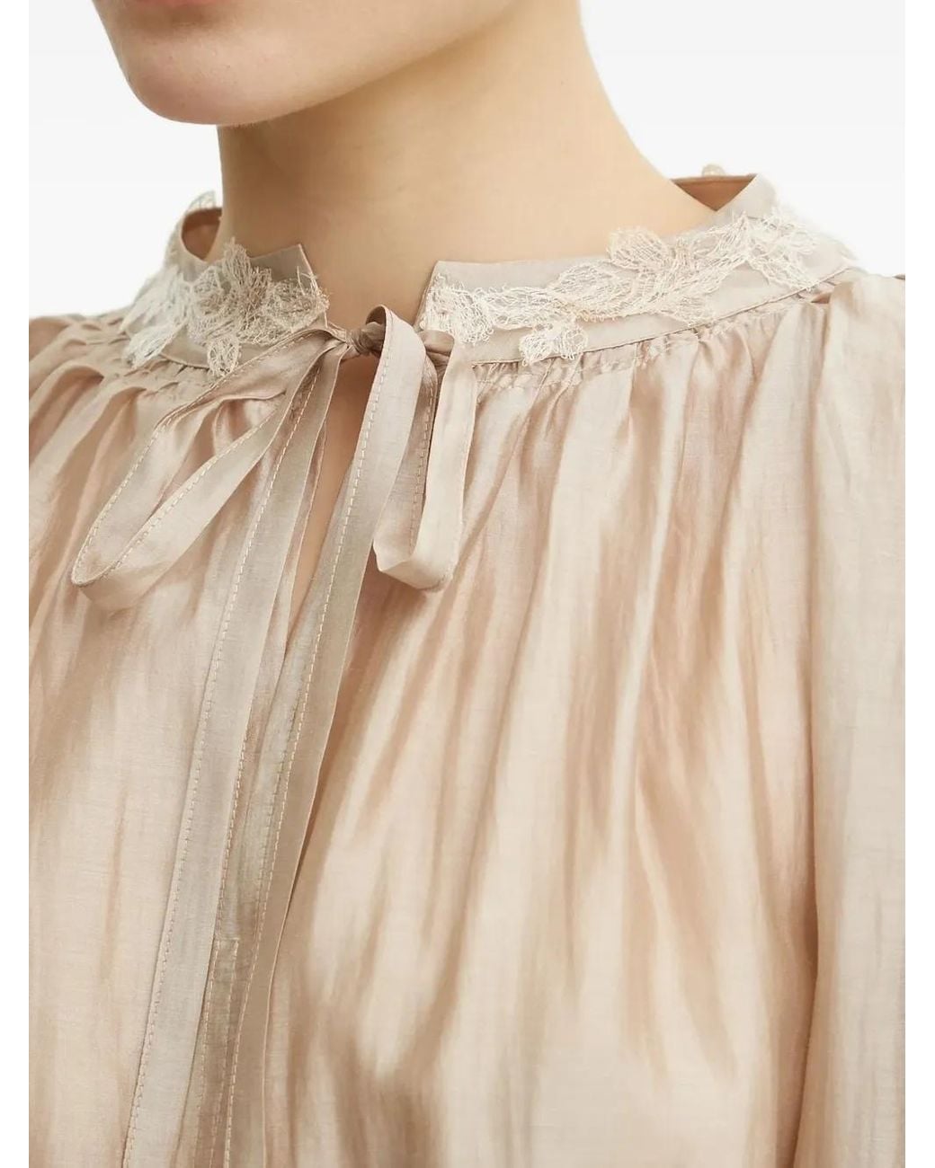 ERMANNO FIRENZE Natural Lace-Trimmed Tie-Neck Top