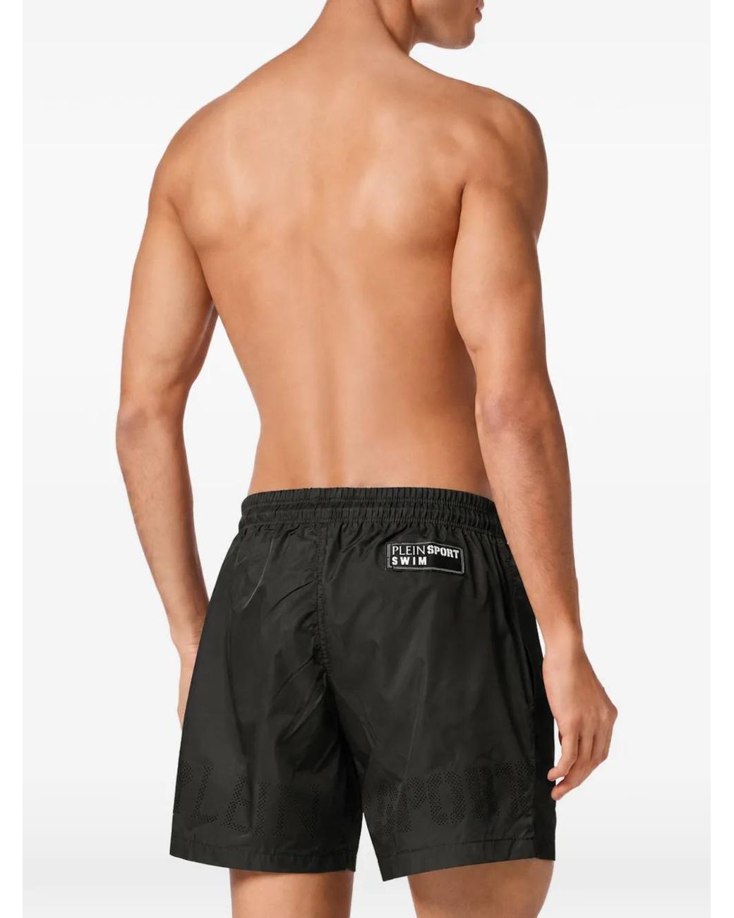 Philipp Plein Black Logo-Patch Drawstring Swim Shorts for men