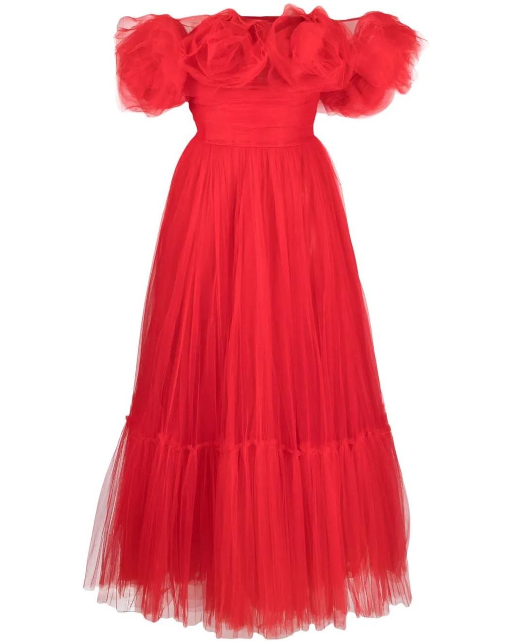 Ana Radu Red Floral-Appliqué Tulle Midi Dress