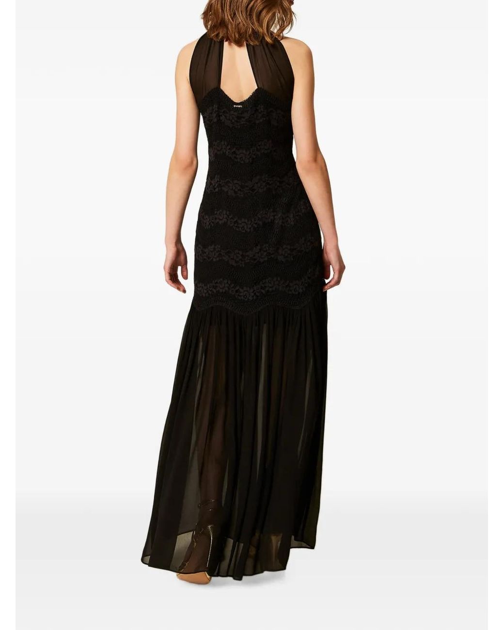 Twinset Black Long Macramé Lace And Georgette Dress