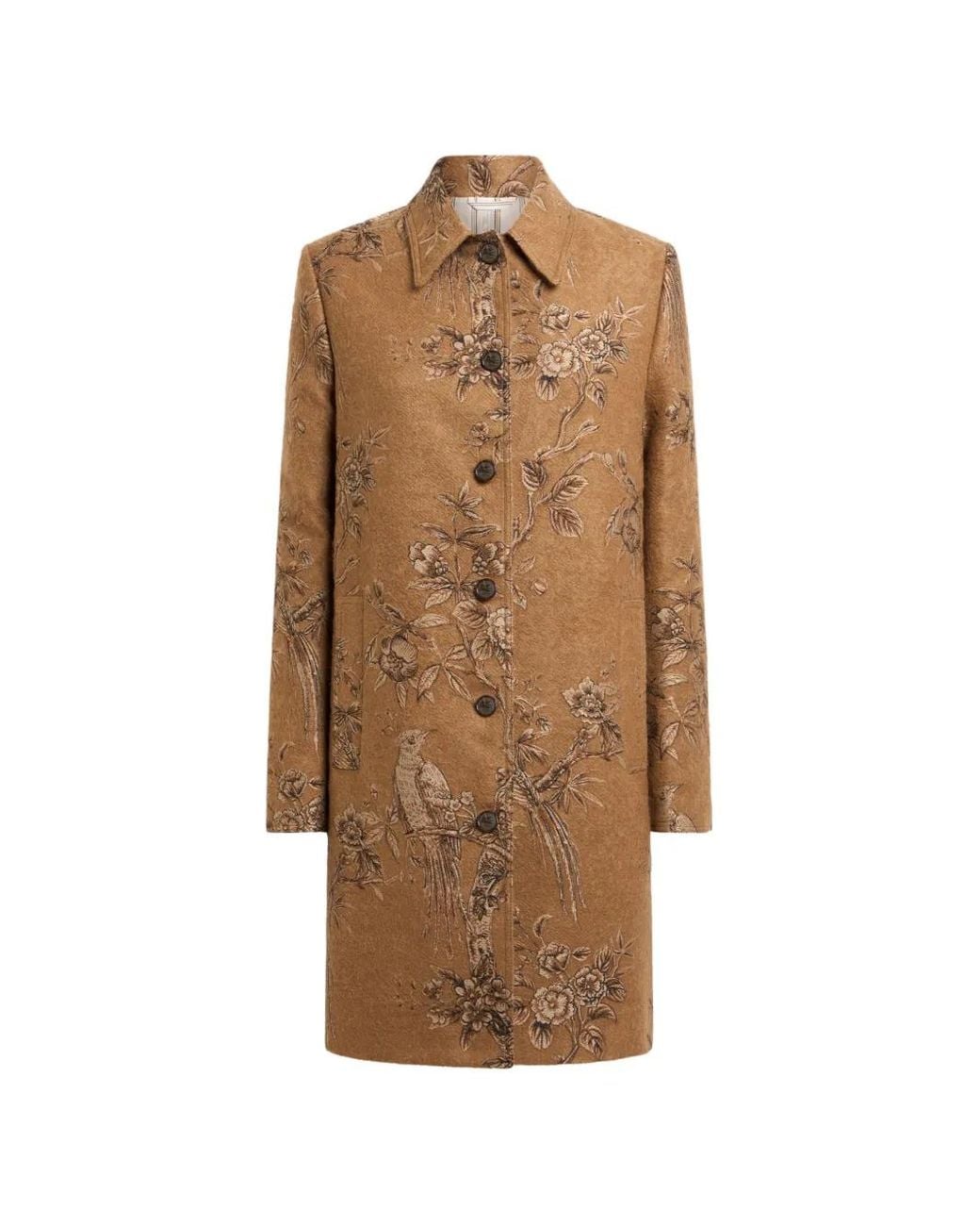 Etro Brown Jacquard Coat With Nature Motif
