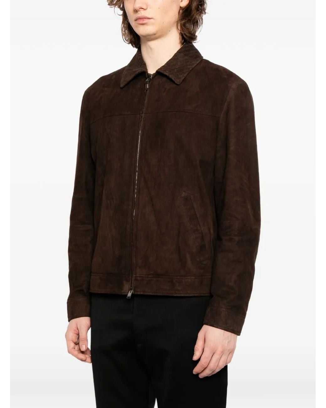 Canali Brown Zip Suede Jacket for men