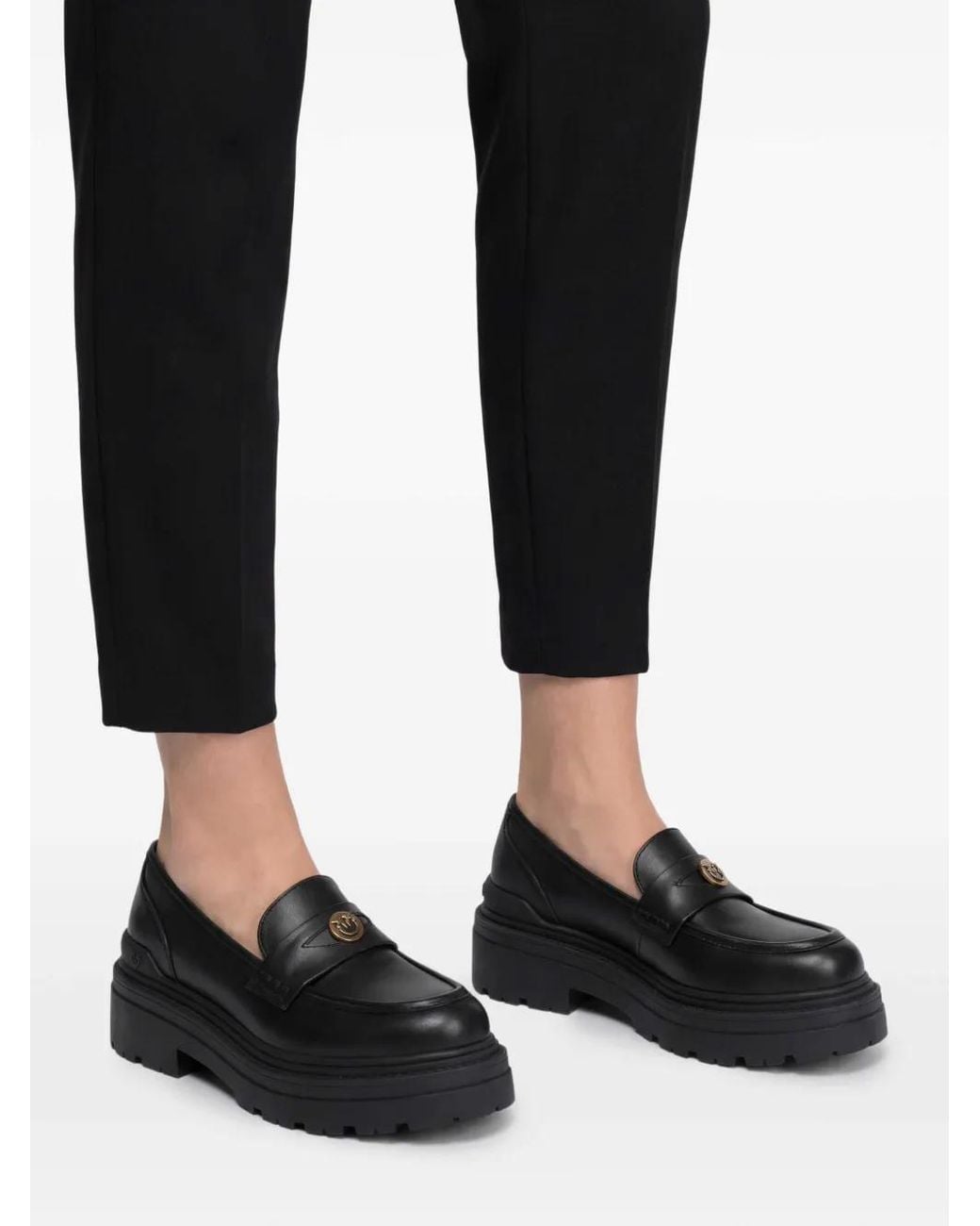 Pinko Black Mia 24 Rounded Toe Lug Sole Leather Loafers