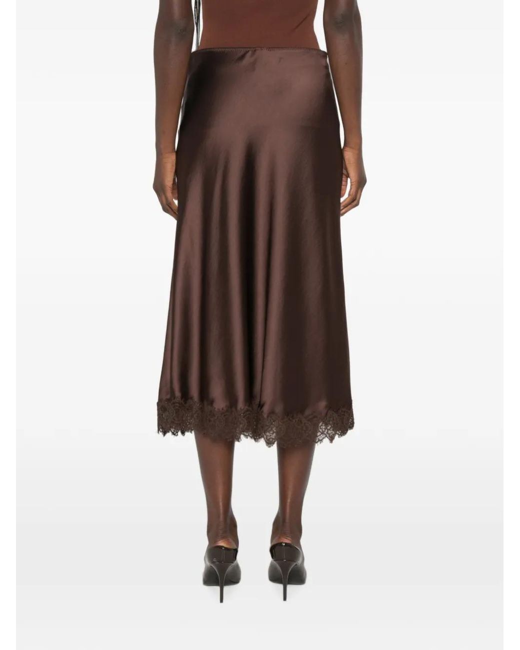 Luisa Cerano Brown Lace-Trim Satin Midi Skirt